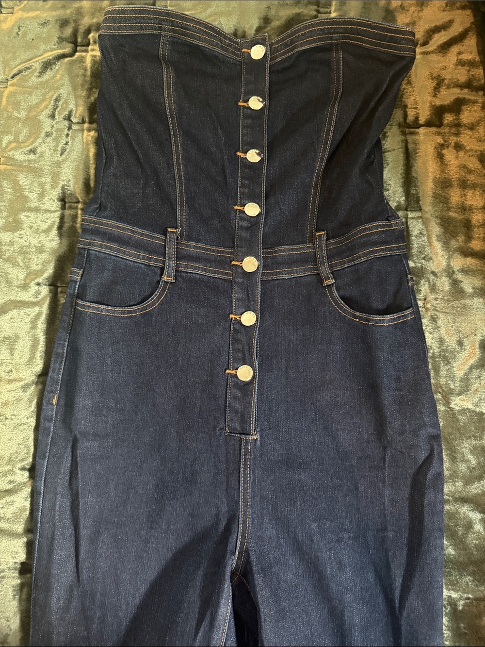 bebe Dark Blue Denim Button-Front Strapless Overalls